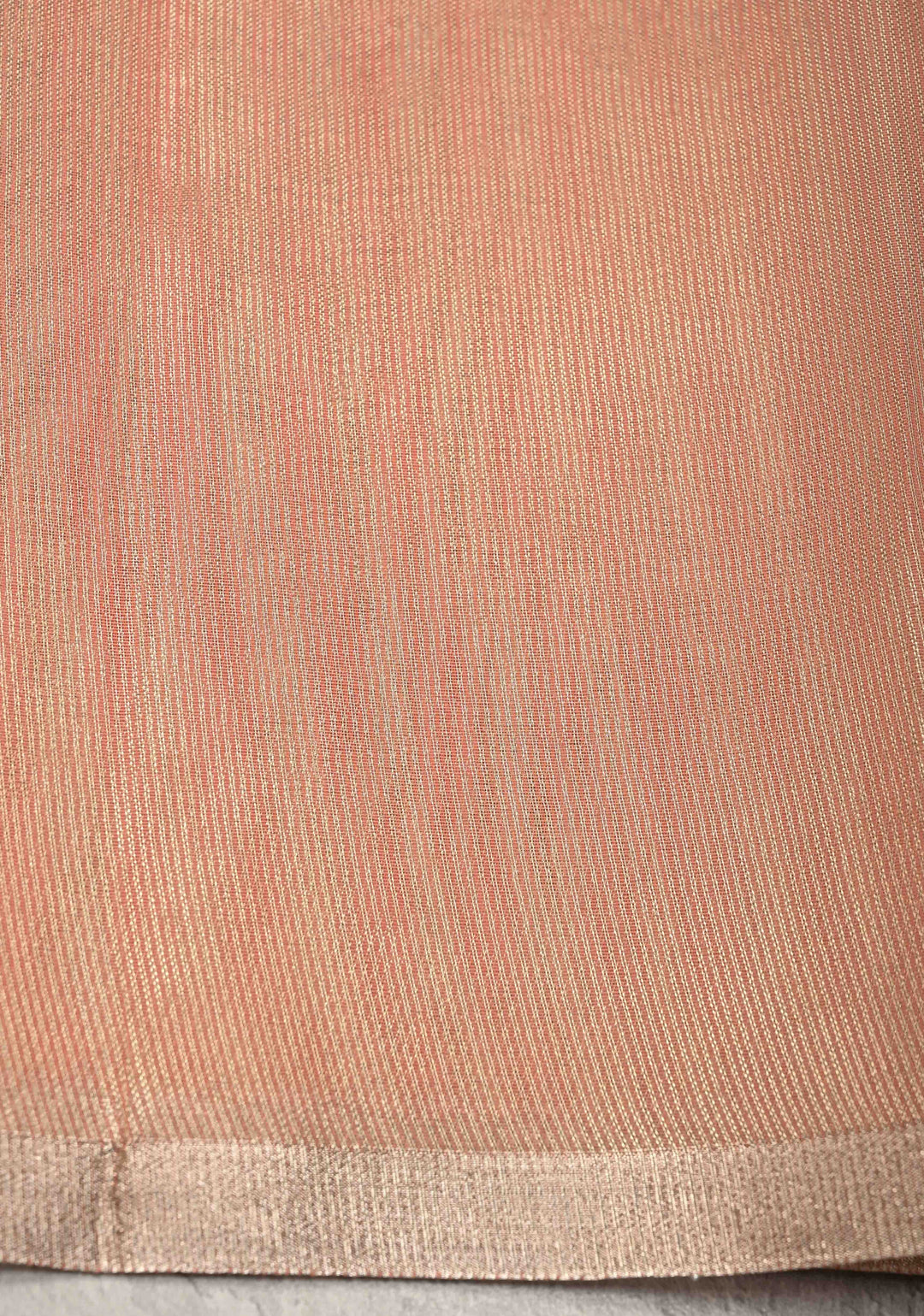 Salmon Pink Semi Kora Saree with Tissue Stripes and Minimal Zari Border | Shobitam