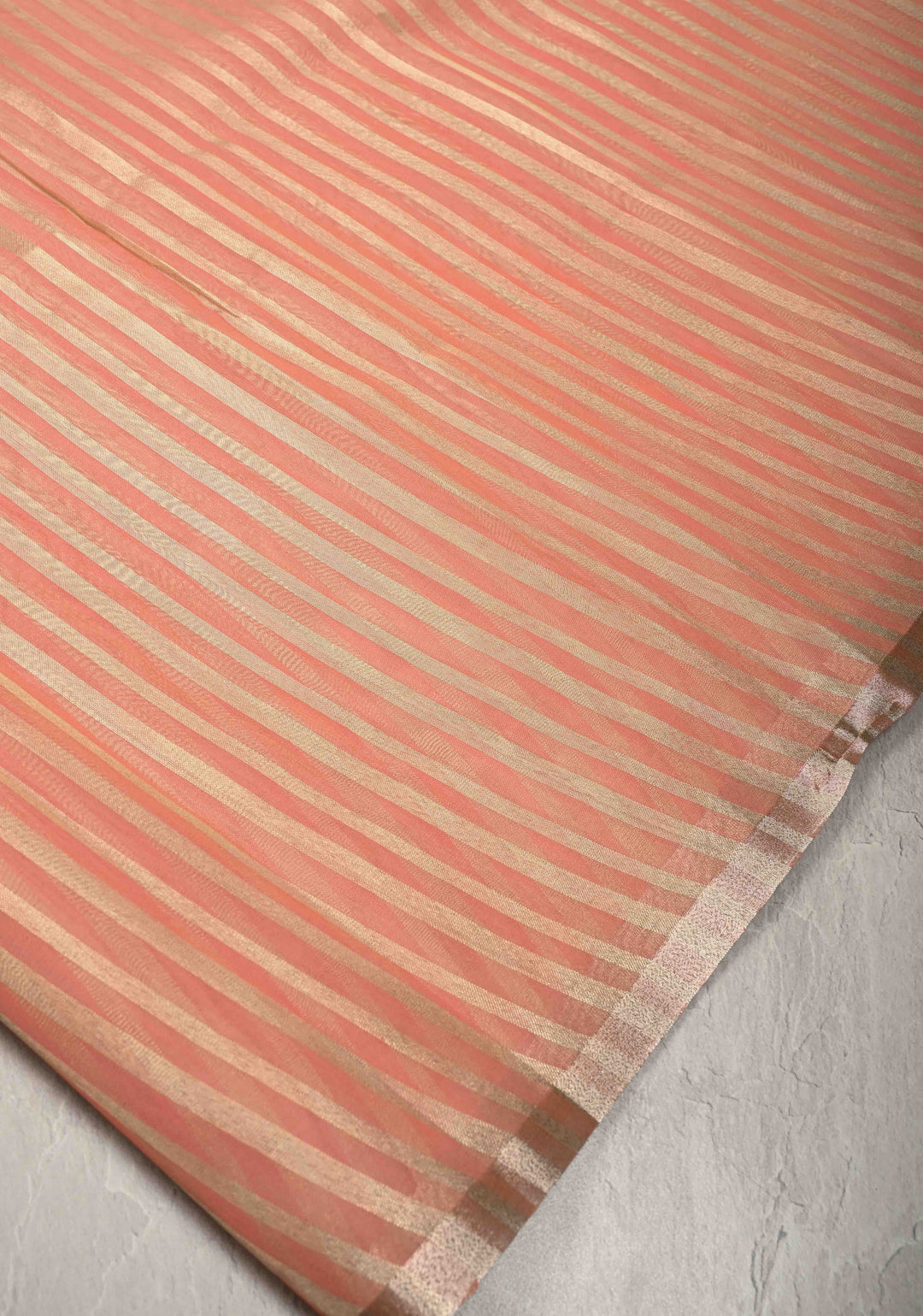Salmon Pink Semi Kora Saree with Tissue Stripes and Minimal Zari Border | Shobitam