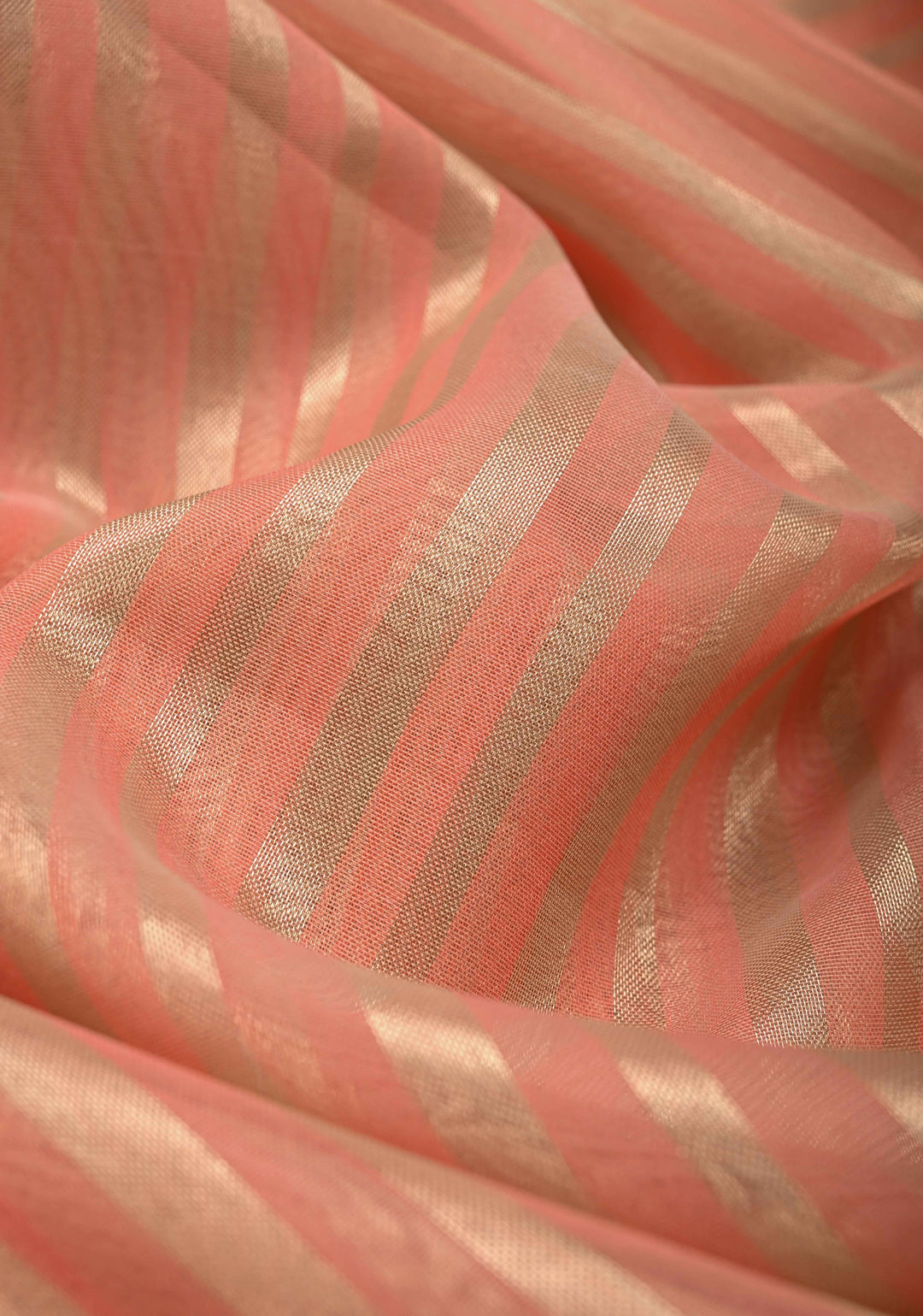 Salmon Pink Semi Kora Saree with Tissue Stripes and Minimal Zari Border | Shobitam