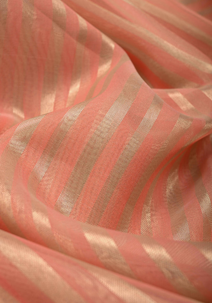 Salmon Pink Semi Kora Saree with Tissue Stripes and Minimal Zari Border | Shobitam