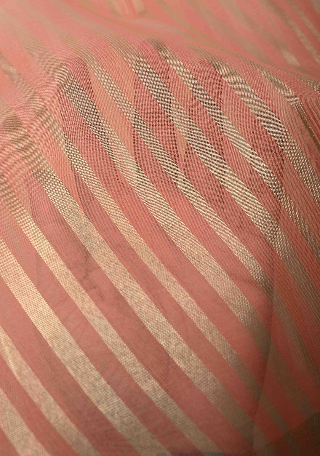 Salmon Pink Semi Kora Saree with Tissue Stripes and Minimal Zari Border | Shobitam