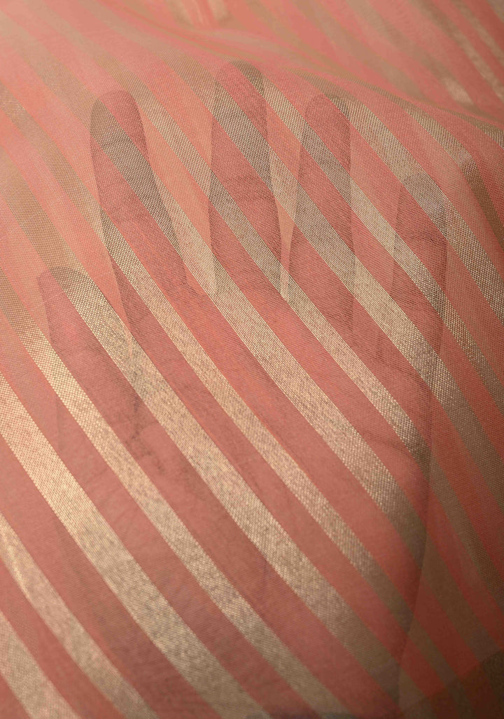 Salmon Pink Semi Kora Saree with Tissue Stripes and Minimal Zari Border | Shobitam