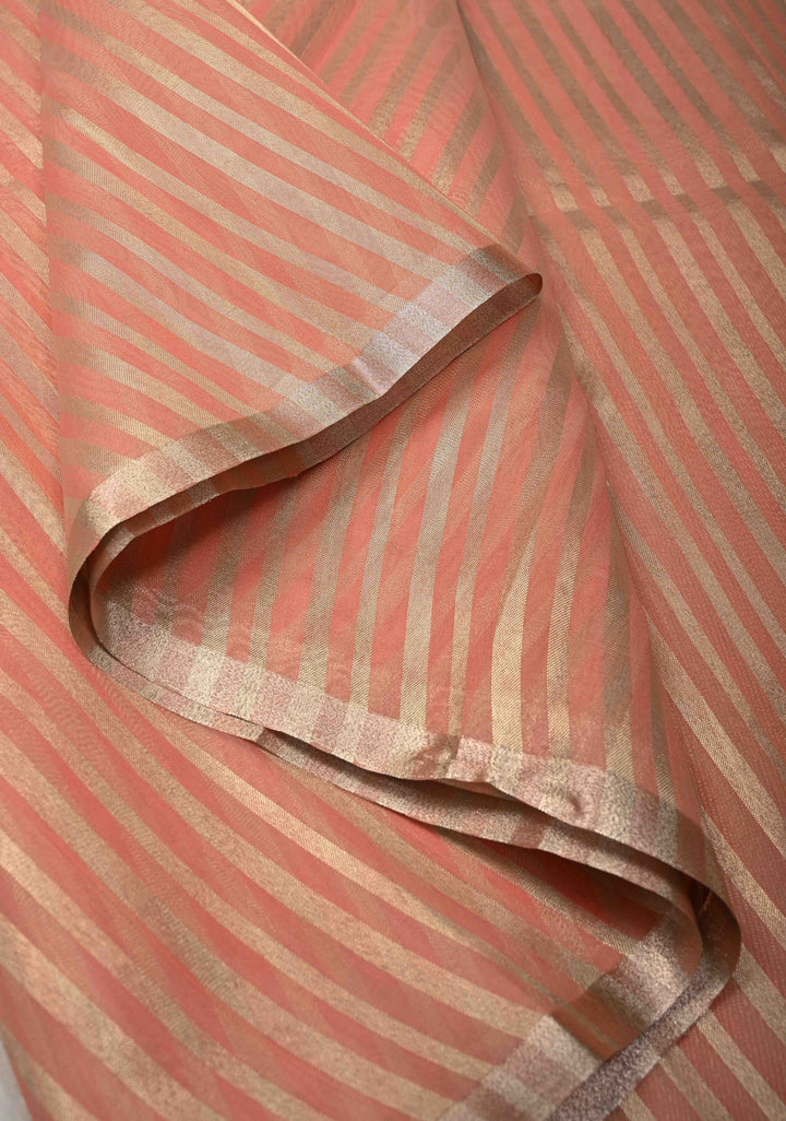 Salmon Pink Semi Kora Saree with Tissue Stripes and Minimal Zari Border | Shobitam