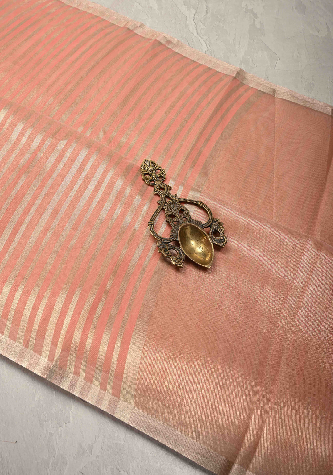 Salmon Pink Semi Kora Saree with Tissue Stripes and Minimal Zari Border | Shobitam