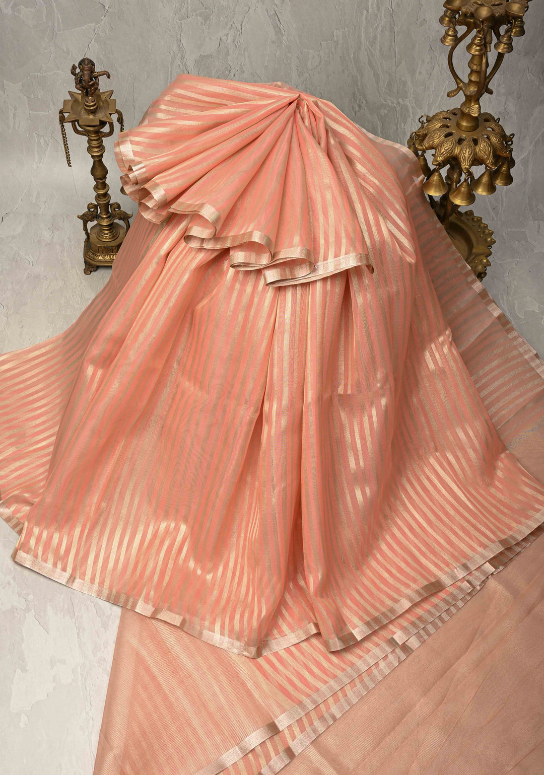 Salmon Pink Semi Kora Saree with Tissue Stripes and Minimal Zari Border | Shobitam