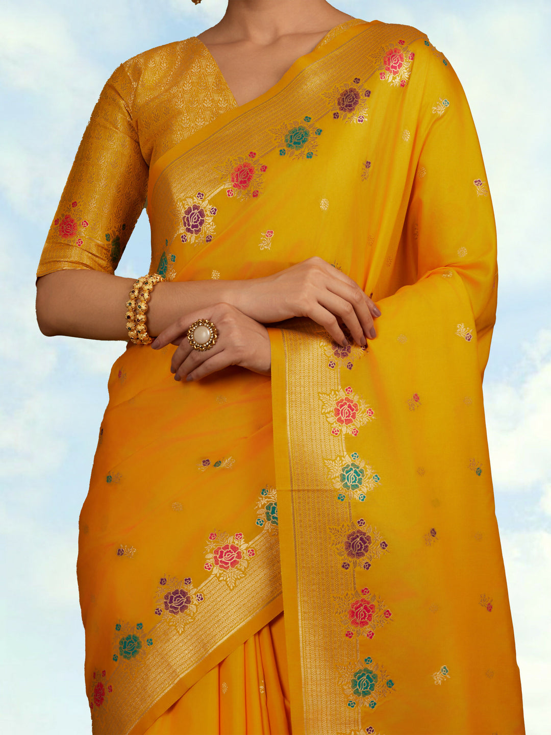 Yellow Semi Banarasi Silk Blend Saree With Zari Woven Work | Shobitam