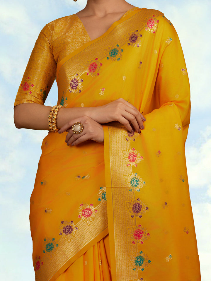 Yellow Semi Banarasi Silk Blend Saree With Zari Woven Work | Shobitam