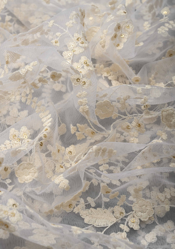 Off White Net Fusion Saree with Sequins Floral Embroidery Jaal with Appliqued Banarasi Borders