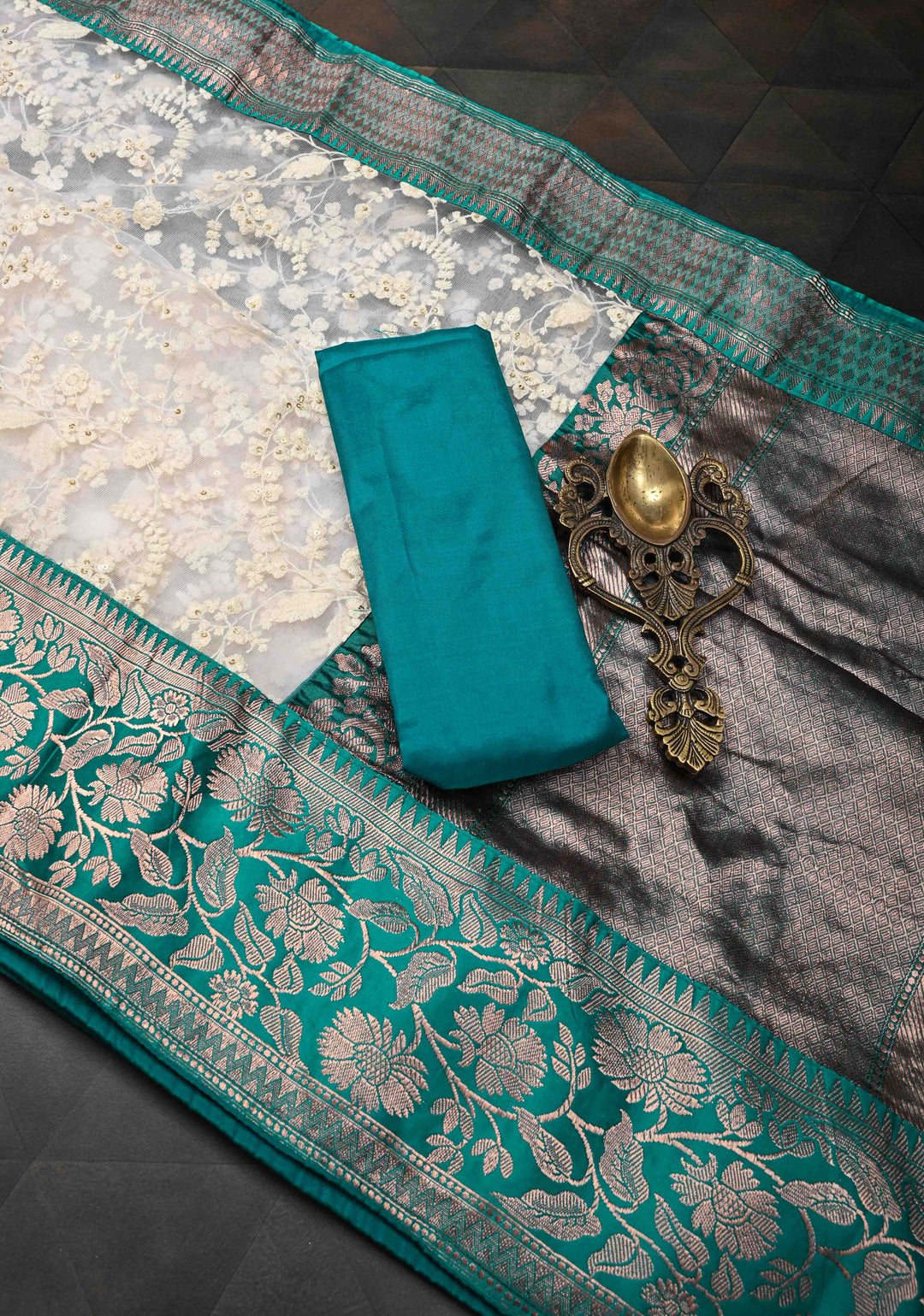 Off White Net Fusion Saree with Sequins Floral Embroidery Jaal with Appliqued Banarasi Borders