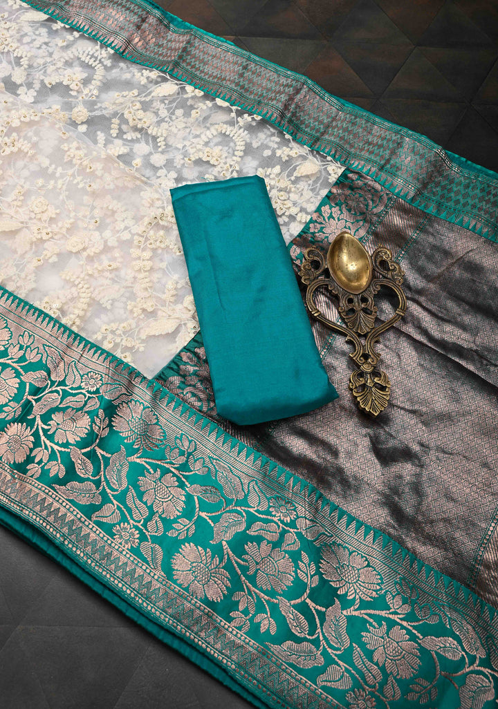 Off White Net Fusion Saree with Sequins Floral Embroidery Jaal with Appliqued Banarasi Borders