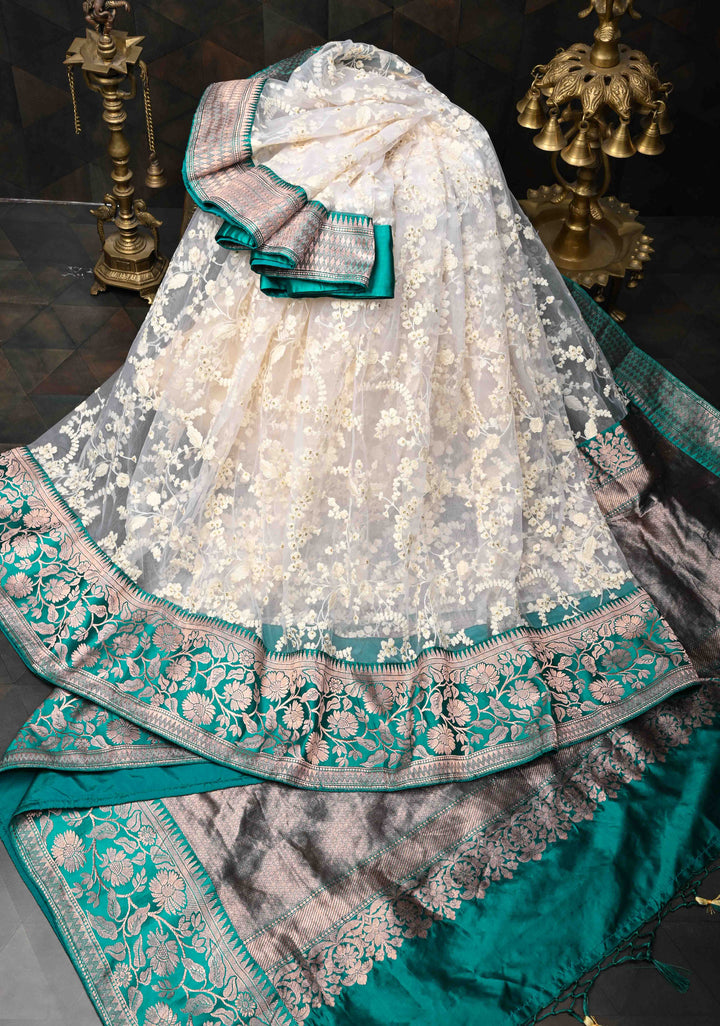 Off White Net Fusion Saree with Sequins Floral Embroidery Jaal with Appliqued Banarasi Borders