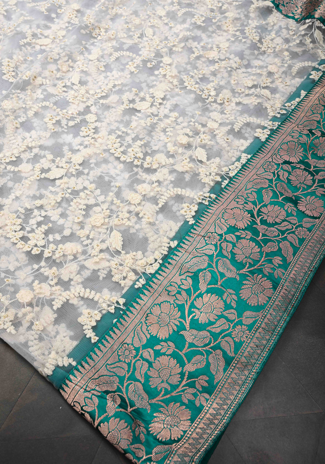 Off White Net Fusion Saree with Sequins Floral Embroidery Jaal with Appliqued Banarasi Borders