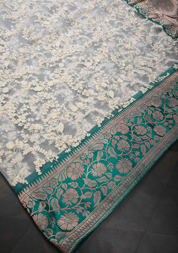 Off White Net Fusion Saree with Sequins Floral Embroidery Jaal with Appliqued Banarasi Borders