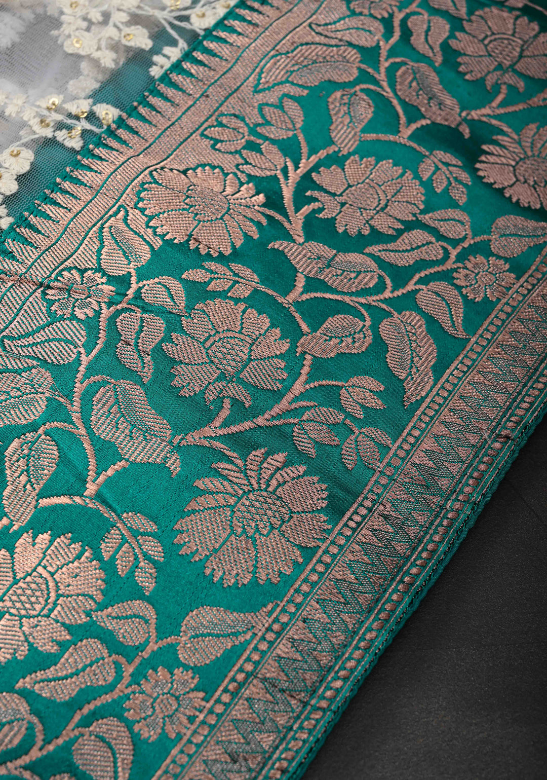 Off White Net Fusion Saree with Sequins Floral Embroidery Jaal with Appliqued Banarasi Borders
