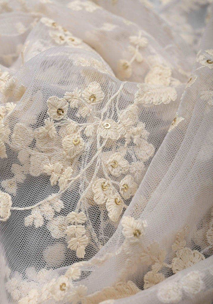 Off White Net Fusion Saree with Sequins Floral Embroidery Jaal with Appliqued Banarasi Borders