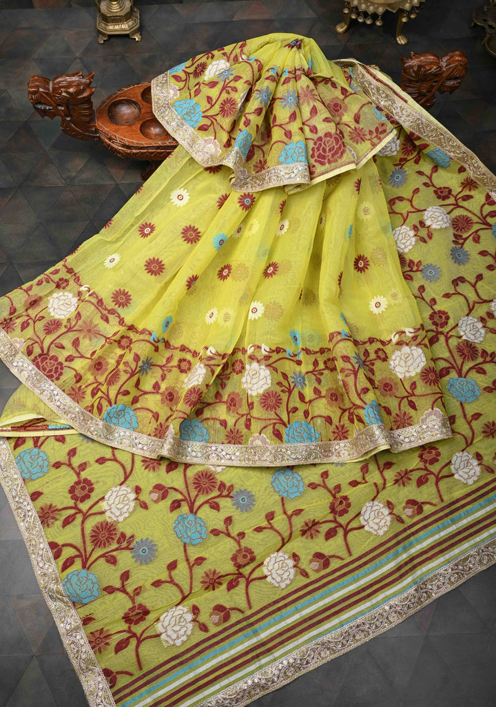 Yellow Authentic Hand Jamdani on Bengal Cotton Saree with Lace Border, No Blouse Piece