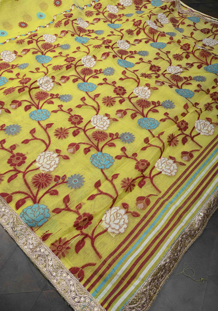 Yellow Authentic Hand Jamdani on Bengal Cotton Saree with Lace Border, No Blouse Piece