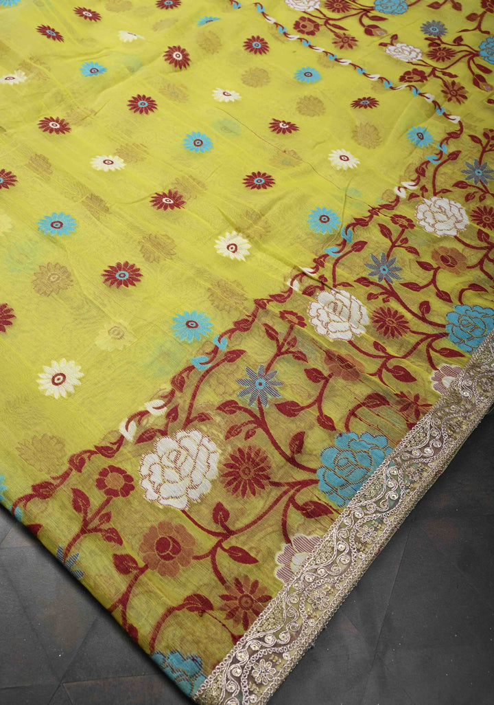 Yellow Authentic Hand Jamdani on Bengal Cotton Saree with Lace Border, No Blouse Piece