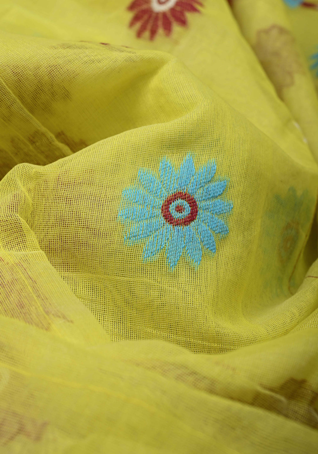 Yellow Authentic Hand Jamdani on Bengal Cotton Saree with Lace Border, No Blouse Piece