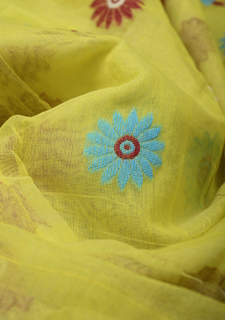 Yellow Authentic Hand Jamdani on Bengal Cotton Saree with Lace Border, No Blouse Piece
