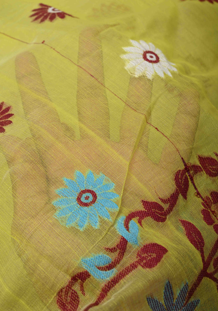 Yellow Authentic Hand Jamdani on Bengal Cotton Saree with Lace Border, No Blouse Piece
