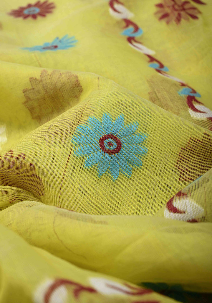 Yellow Authentic Hand Jamdani on Bengal Cotton Saree with Lace Border, No Blouse Piece