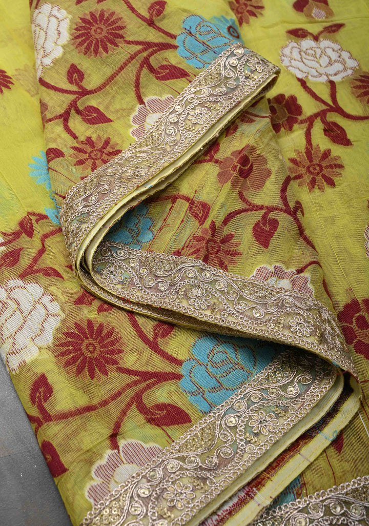 Yellow Authentic Hand Jamdani on Bengal Cotton Saree with Lace Border, No Blouse Piece