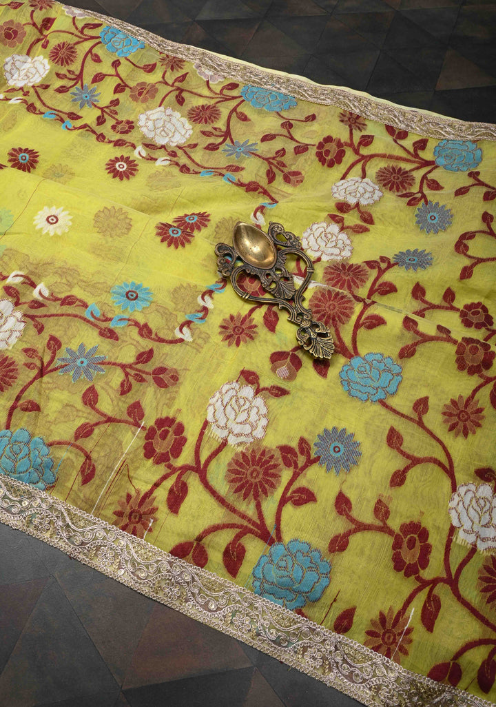 Yellow Authentic Hand Jamdani on Bengal Cotton Saree with Lace Border, No Blouse Piece