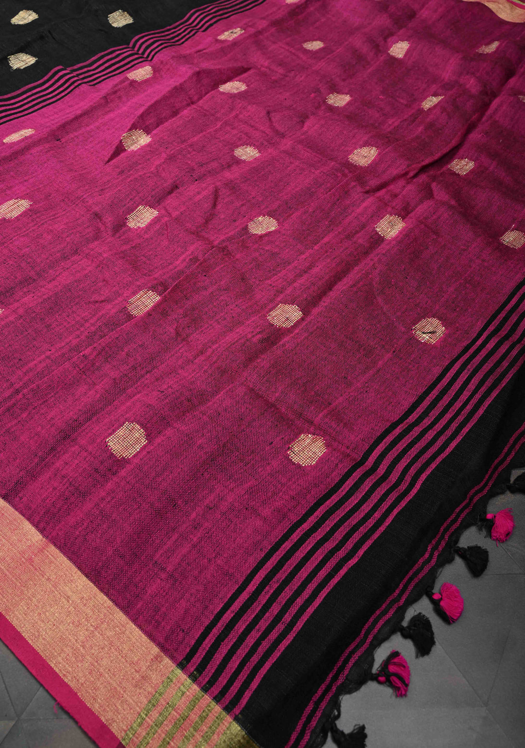 Black Linen by Linen Saree with Buttas and Zari Border