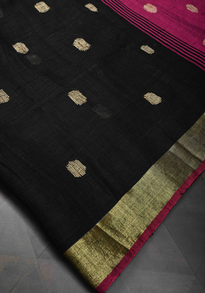 Black Linen by Linen Saree with Buttas and Zari Border