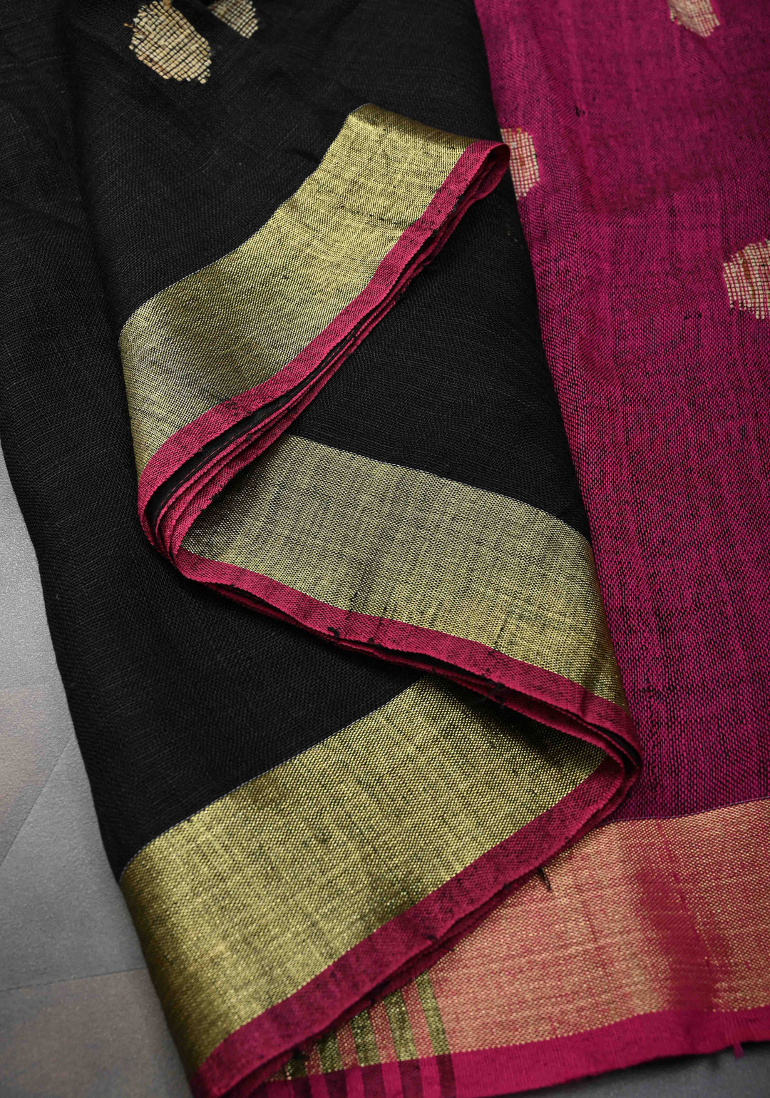 Black Linen by Linen Saree with Buttas and Zari Border