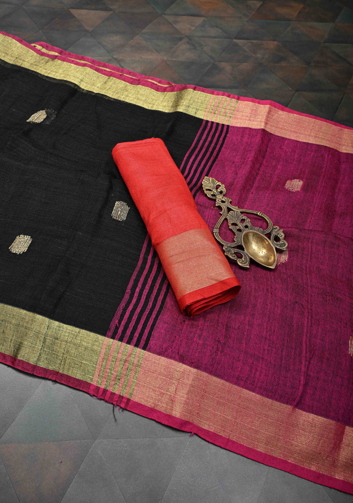 Black Linen by Linen Saree with Buttas and Zari Border