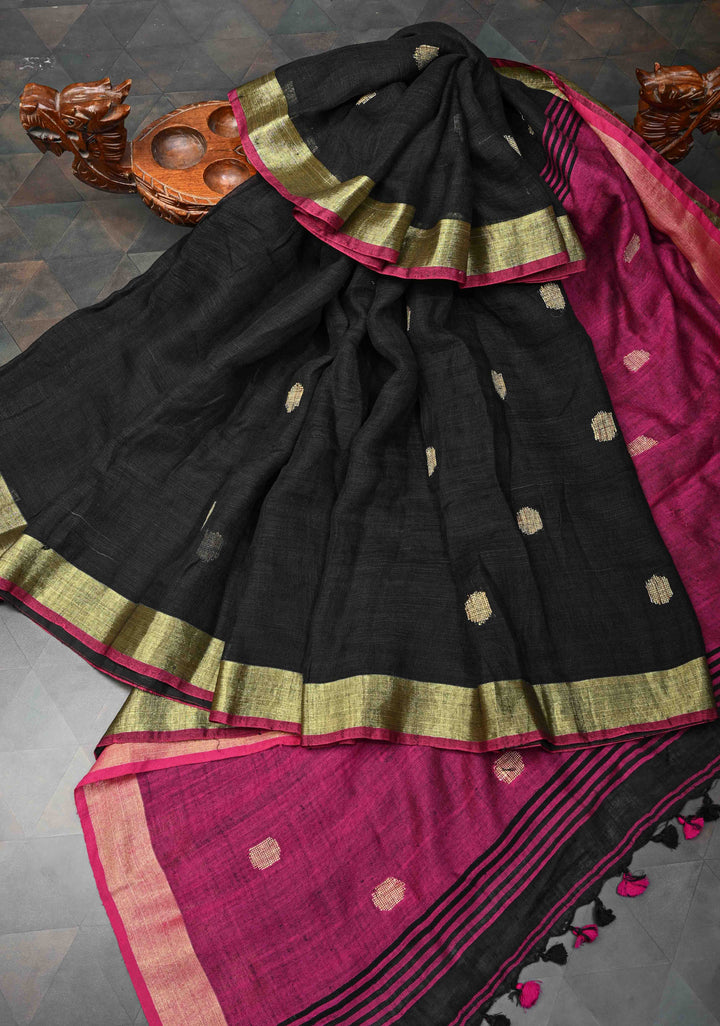 Black Linen by Linen Saree with Buttas and Zari Border