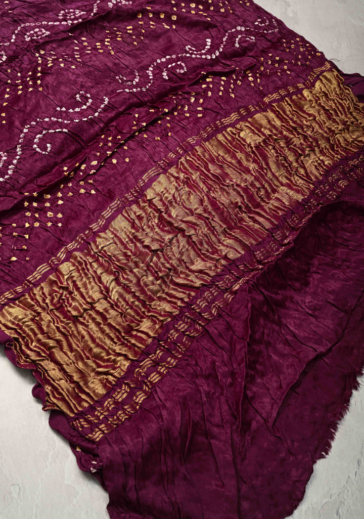 Plum Modal Silk Saree with Sarkam Bandhej with Crushed Pallu