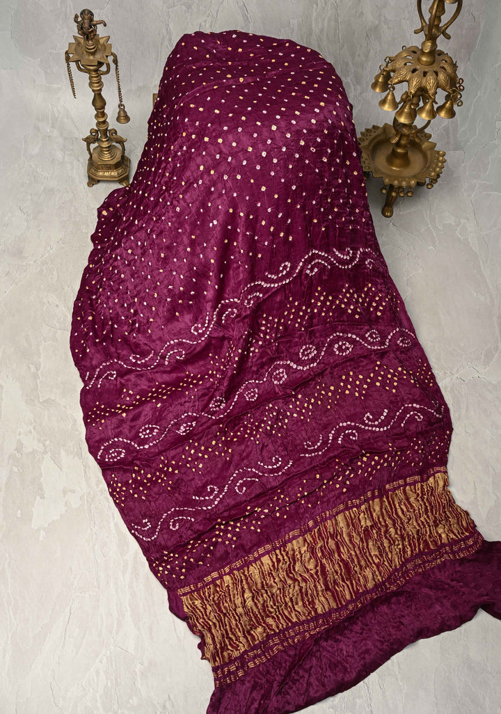 Plum Modal Silk Saree with Sarkam Bandhej with Crushed Pallu