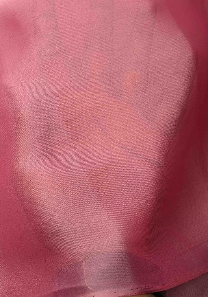 Rose Pink Chiffon Saree with Peacock Hand painted on Pallu, No Blouse Piece