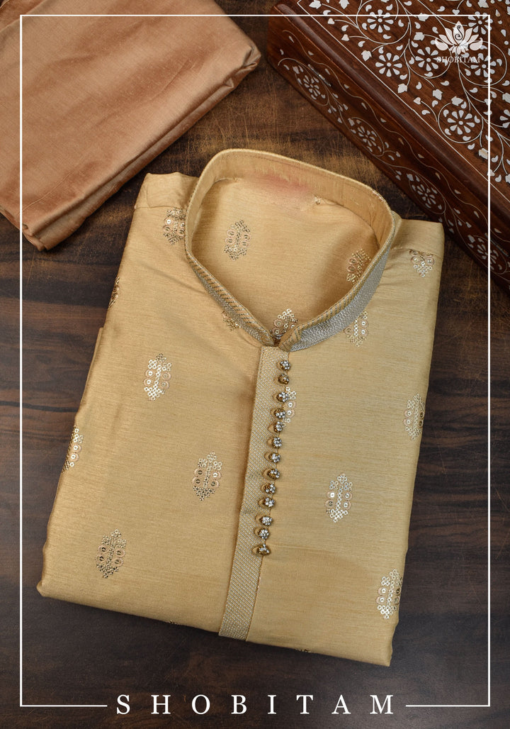 Beige Sequin Embellished Kurta Pajama Set for Men | Ethnic Menswear by Shobitam