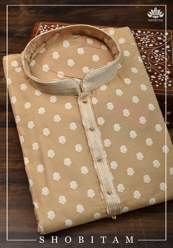 Beige Self Brocade Kurta Pajama Set for Men, Multiple Sizes | Ethnic Menswear by Shobitam