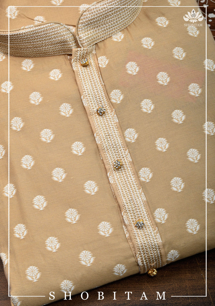 Beige Self Brocade Kurta Pajama Set for Men, Multiple Sizes | Ethnic Menswear by Shobitam