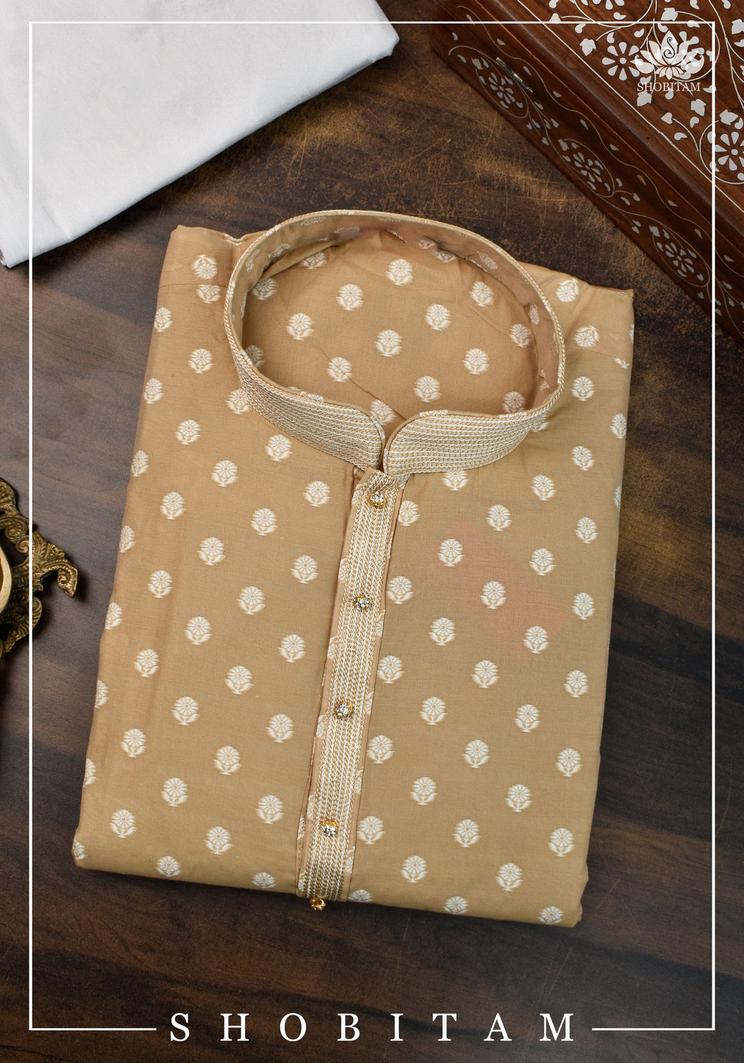 Beige Self Brocade Kurta Pajama Set for Men, Multiple Sizes | Ethnic Menswear by Shobitam
