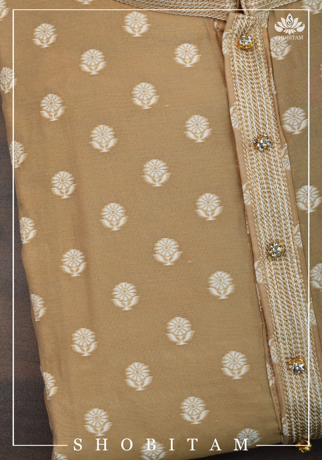 Beige Self Brocade Kurta Pajama Set for Men, Multiple Sizes | Ethnic Menswear by Shobitam