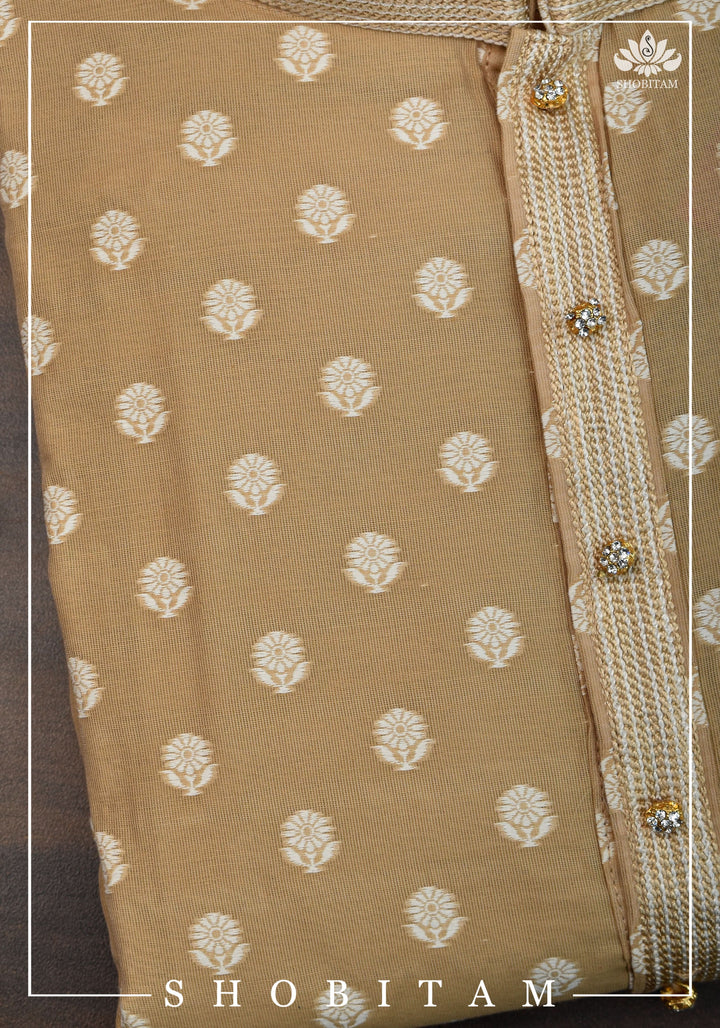 Beige Self Brocade Kurta Pajama Set for Men, Multiple Sizes | Ethnic Menswear by Shobitam