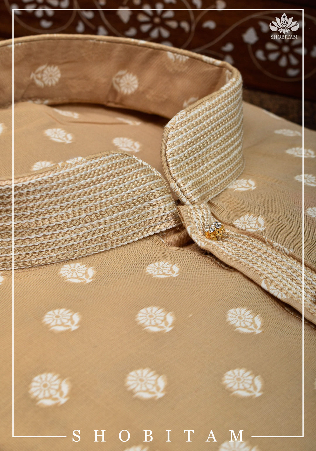 Beige Self Brocade Kurta Pajama Set for Men, Multiple Sizes | Ethnic Menswear by Shobitam