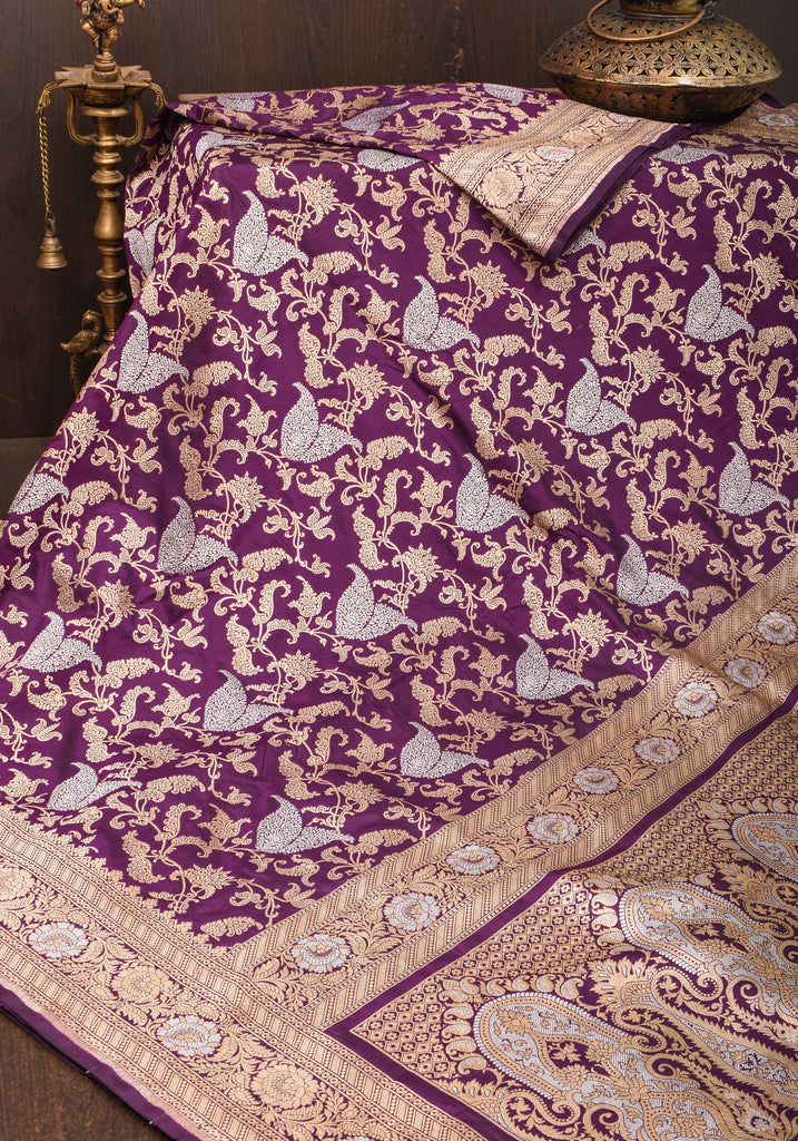 Jamuni Purple Woven Textured Cotton Silk Saree – Zari Banaras