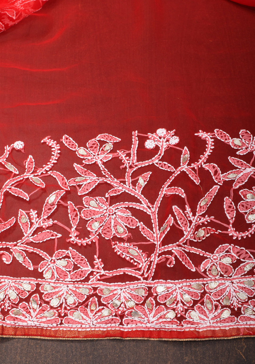 Red Hand-Embroidered Chikankari Georgette Saree with Full Jaal and Gotta Work