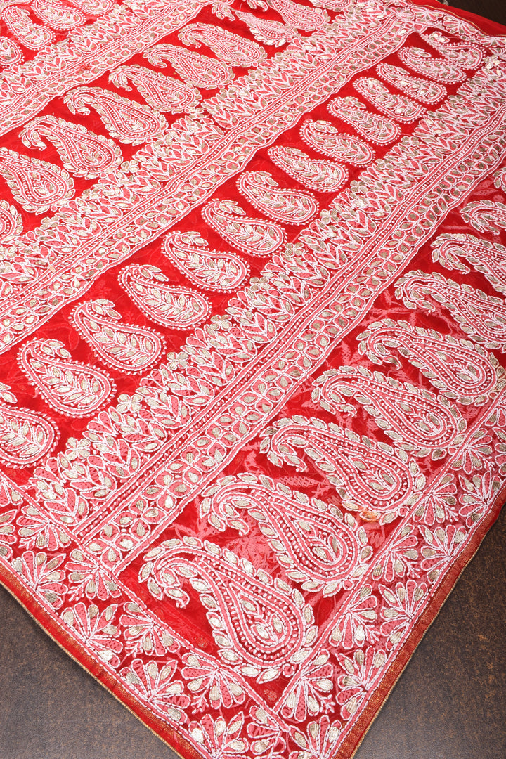 Red Hand-Embroidered Chikankari Georgette Saree with Full Jaal and Gotta Work