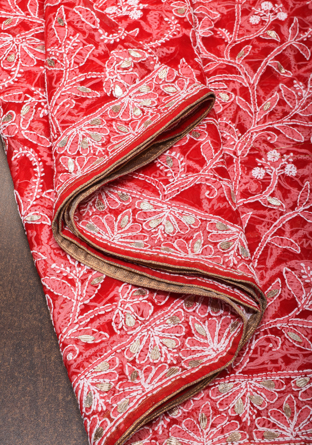 Red Hand-Embroidered Chikankari Georgette Saree with Full Jaal and Gotta Work