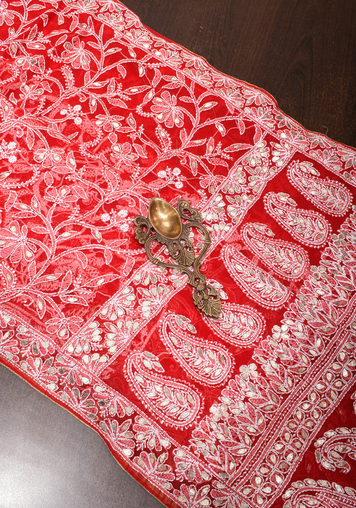Red Hand-Embroidered Chikankari Georgette Saree with Full Jaal and Gotta Work