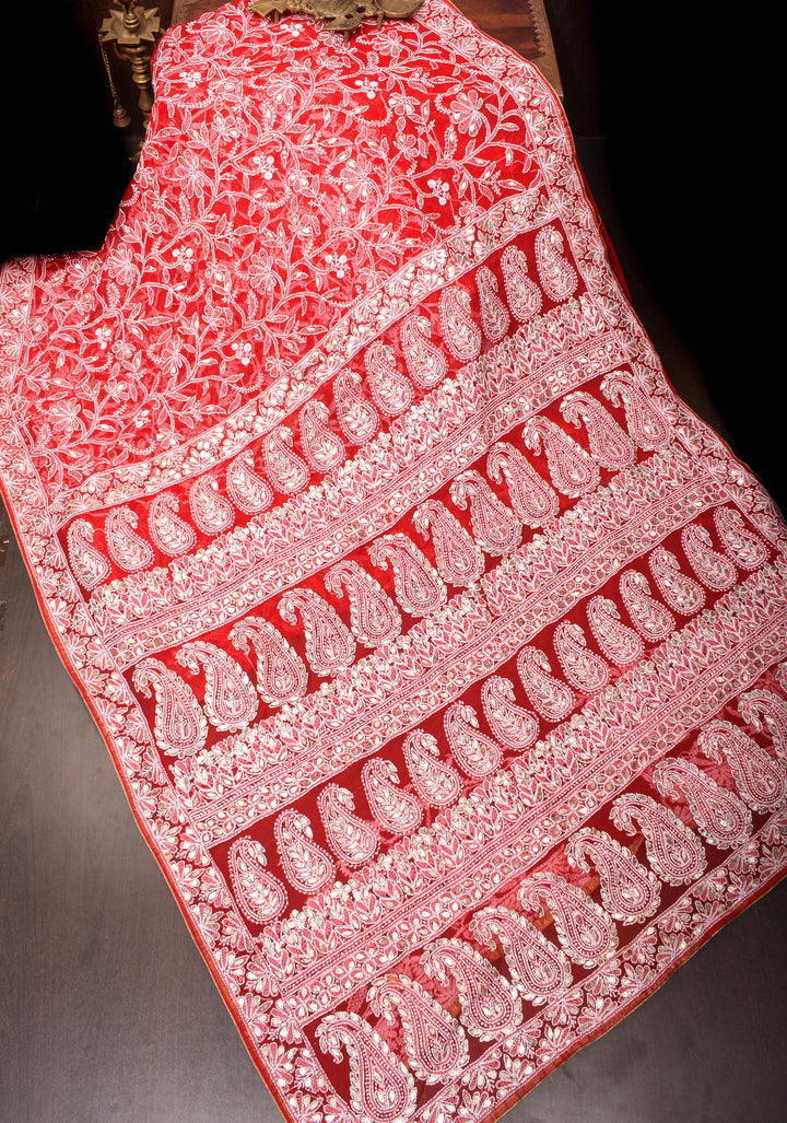 Red Hand-Embroidered Chikankari Georgette Saree with Full Jaal and Gotta Work