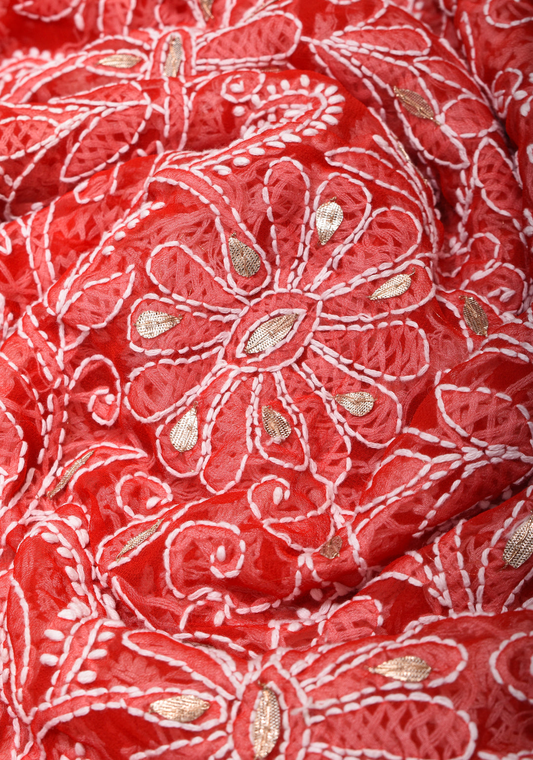 Authentic Red Hand-Embroidered Chikankari Georgette Saree with Full Jaal and Gotta Work